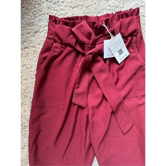 Grace Karin NWT High Waisted Paper-bag Trousers Cabernet - Picture 2 of 8